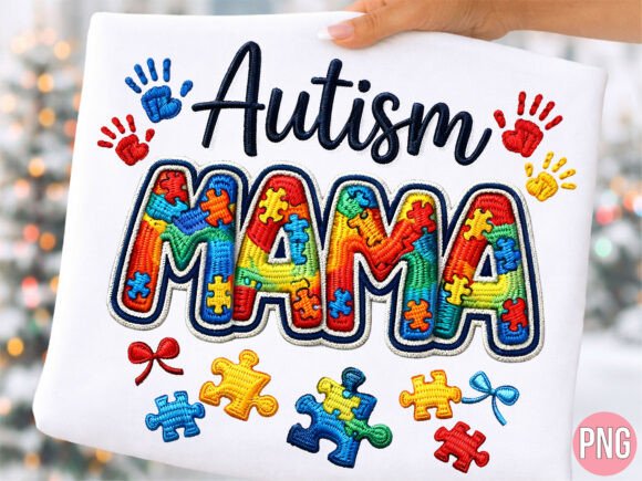 Autism Mama Embroidery Style T-Shirt PNG Review