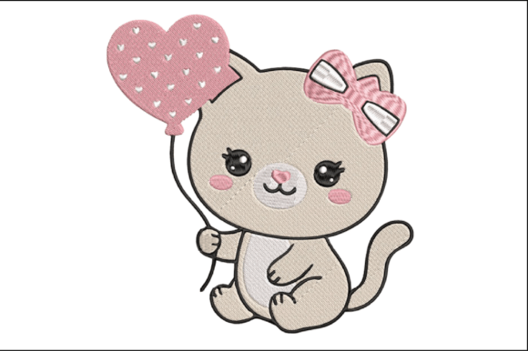 Cute Cat with Heart Balloon Embroidery